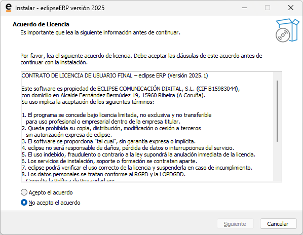 Pantalla de licencia